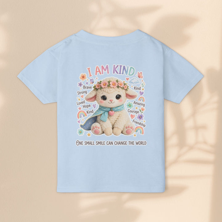 Sea Dragon Dreams light blue cotton toddler t-shirt featuring a cute Grace Lamb illustration and I Am Kind text.