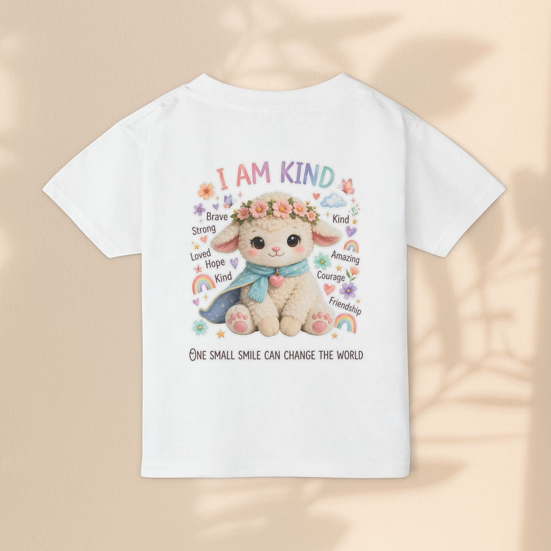 Sea Dragon Dreams white cotton toddler t-shirt featuring a cute Grace Lamb illustration with the text I Am Kind.