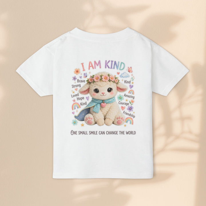 Sea Dragon Dreams white cotton toddler t-shirt featuring a cute Grace Lamb illustration with the text I Am Kind.