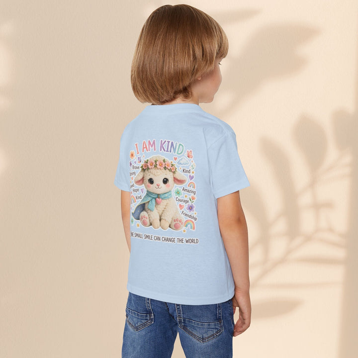 Sea Dragon Dreams toddler t-shirt in light blue featuring a Grace Lamb graphic with the text I Am Kind on the back.