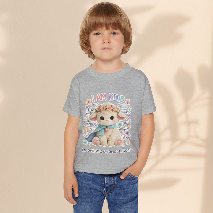 Sea Dragon Dreams toddler wearing a grey cotton t-shirt featuring the Grace Lamb character and I Am Kind text.