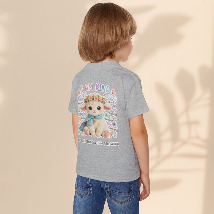 Sea Dragon Dreams toddler t-shirt in sport grey featuring a Grace Lamb illustration with I Am Kind text on the back