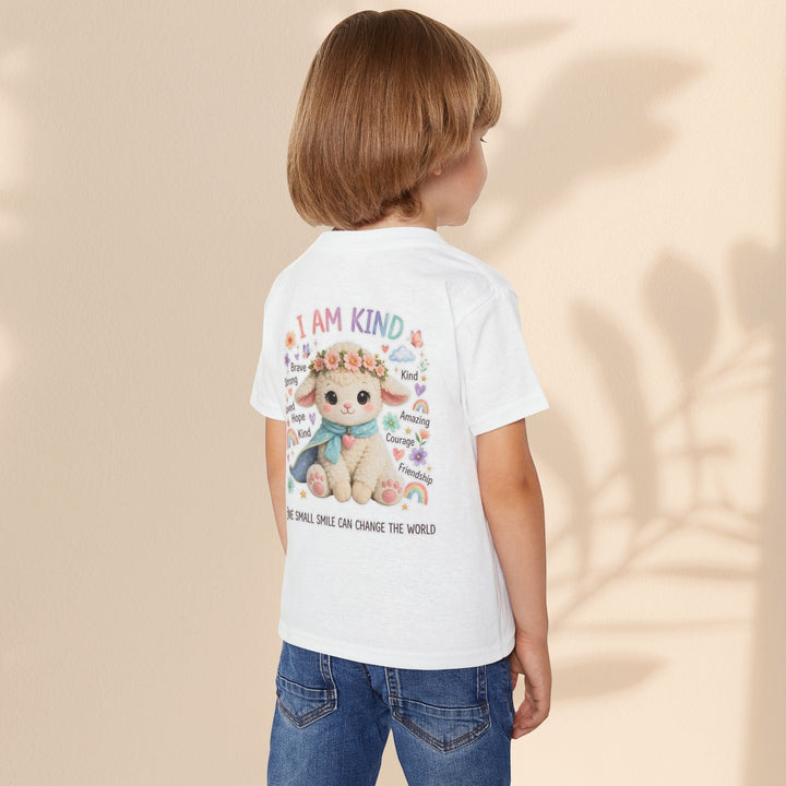 Sea Dragon Dreams toddler t-shirt featuring Grace Lamb with I Am Kind text on the back, worn by a child.