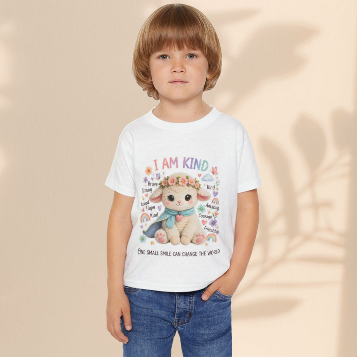 Sea Dragon Dreams toddler wearing a white cotton t-shirt featuring a Grace Lamb illustration and I Am Kind text.