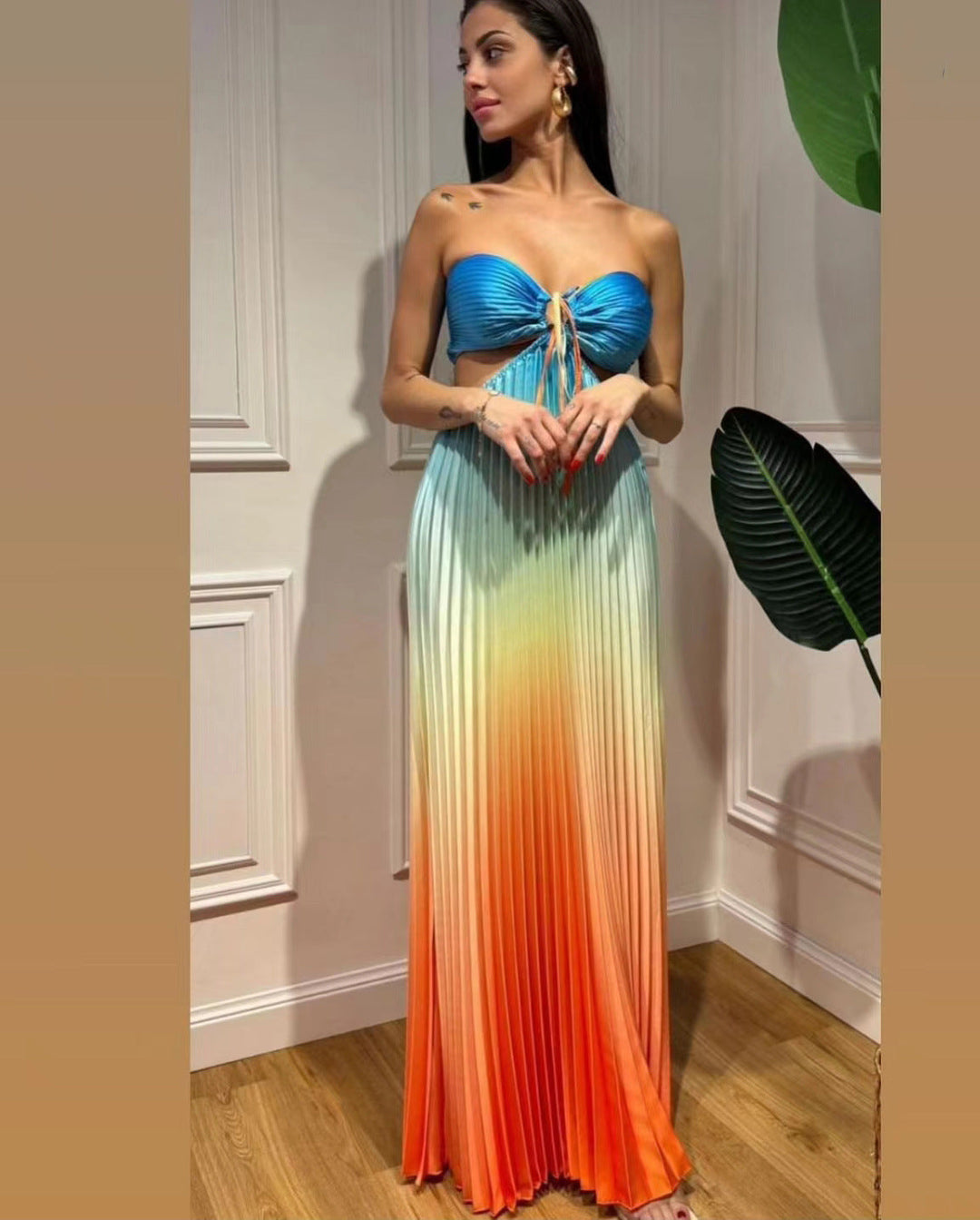 Sea Dragon Dreams gradient halter maxi dress with elegant pleating and a flowing floor-length silhouette