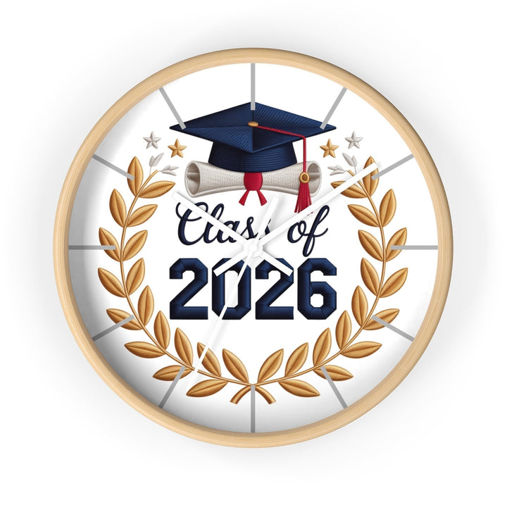 Sea Dragon Dreams Class of 2026 graduation wall clock with a natural wood frame, gold laurel wreath, and cap design.