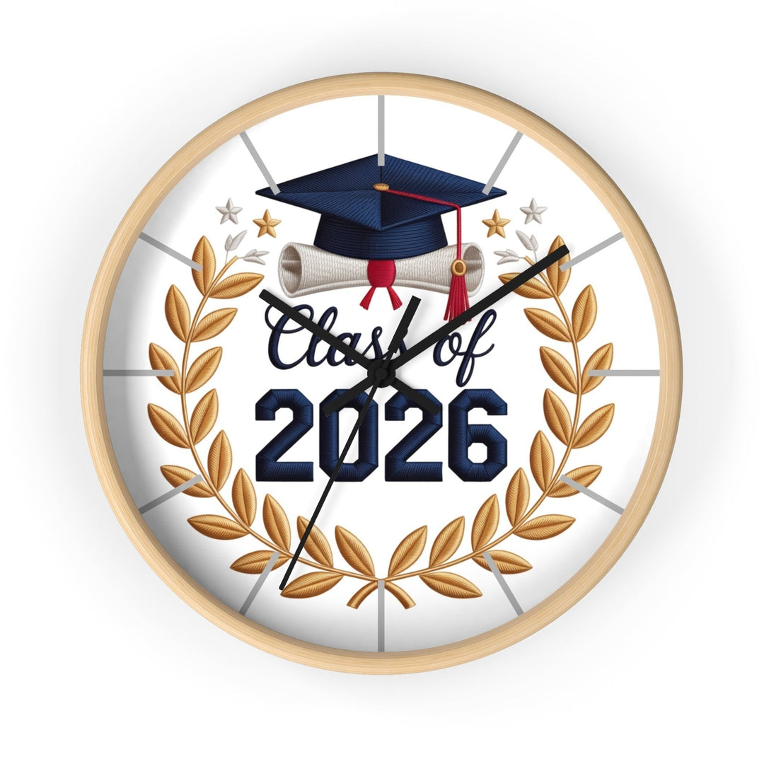 Sea Dragon Dreams Class of 2026 graduation wall clock with a natural wood frame, gold laurel wreath, and cap design.