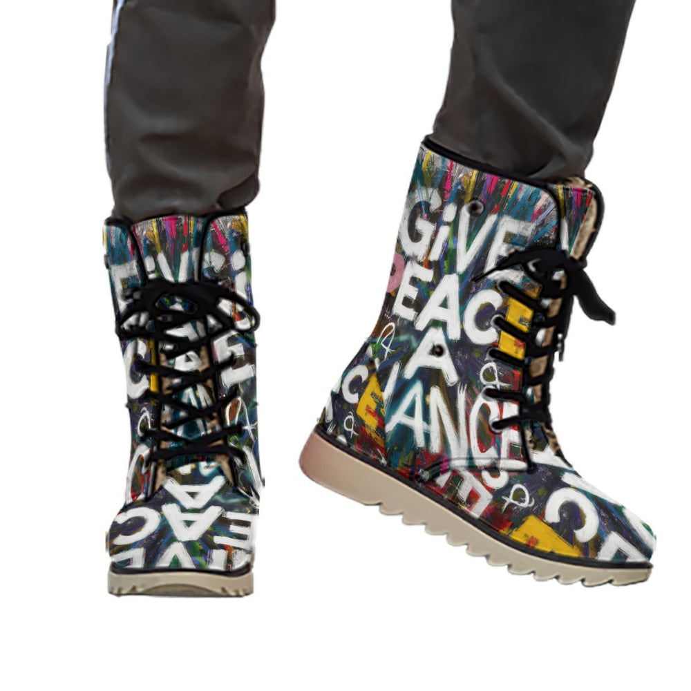 Sea Dragon Dreams women's plush winter boots featuring a colourful graffiti print with lace-up closure and rubber sole.