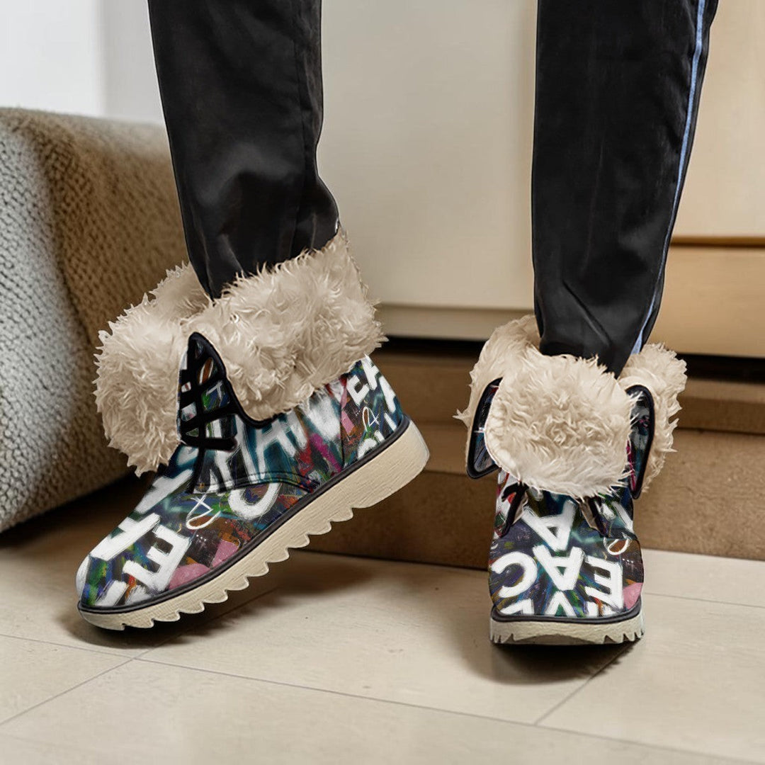 Sea Dragon Dreams women's plush winter boots with graffiti print, faux fur lining, and durable rubber outsoles.