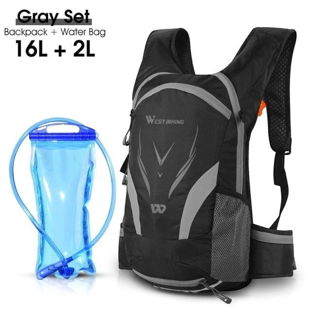Sea Dragon Dreams gray 16L hydration backpack with a 2L water bladder, featuring breathable mesh and adjustable straps.