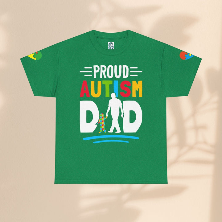 Sea Dragon Dreams green heavy cotton t-shirt featuring a colorful Proud Autism Dad graphic with father and child.