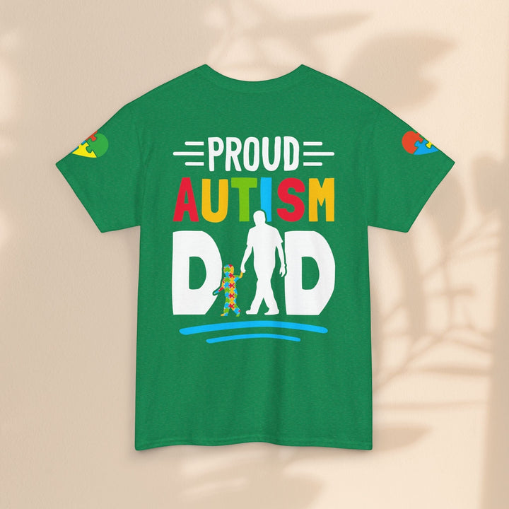 Sea Dragon Dreams green heavy cotton t-shirt with Proud Autism Dad graphic featuring a father and child silhouette.