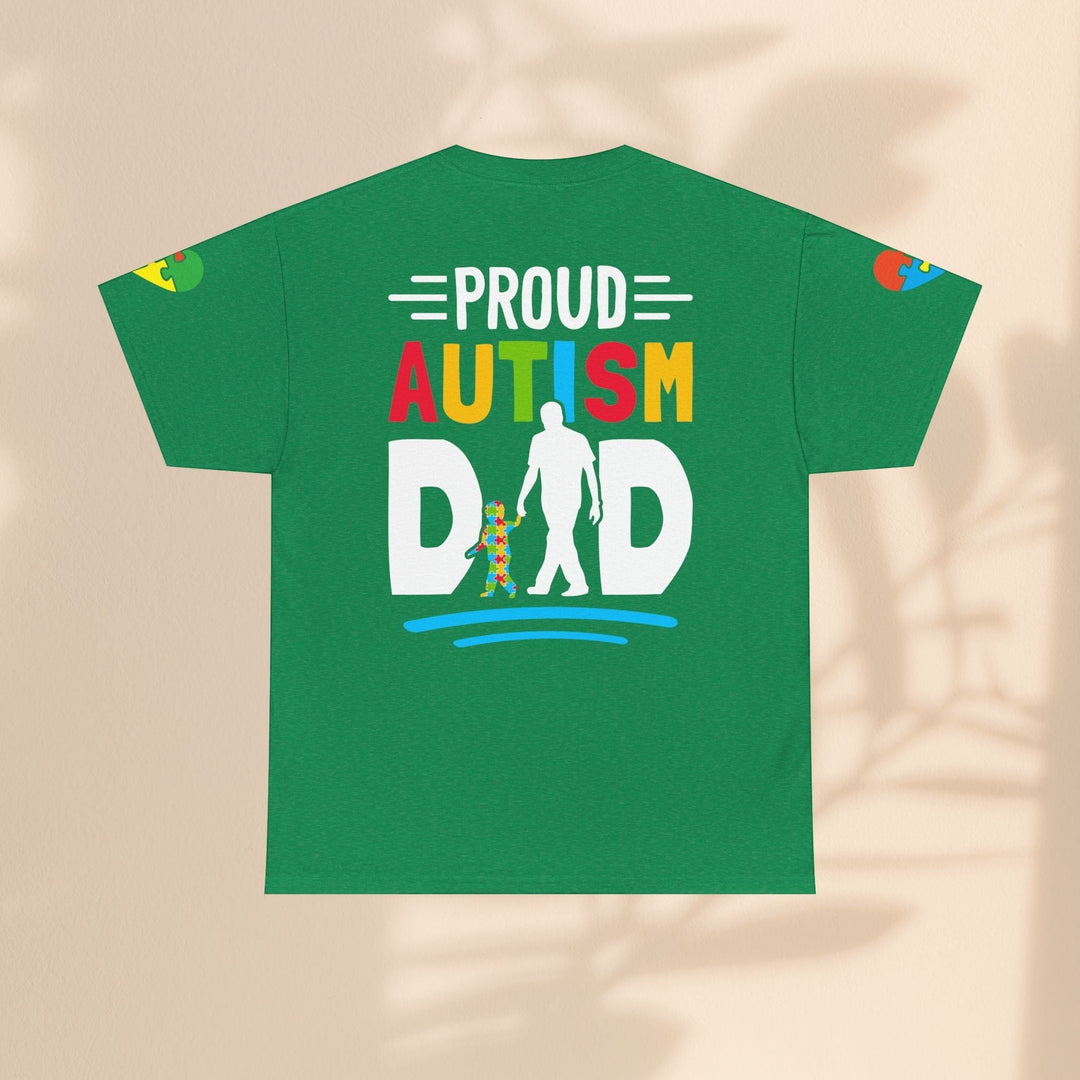 Sea Dragon Dreams green heavy cotton t-shirt featuring a colorful Proud Autism Dad graphic on the back