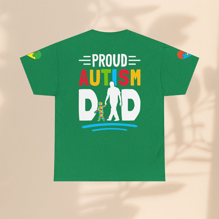 Sea Dragon Dreams green heavy cotton t-shirt featuring a colorful Proud Autism Dad graphic on the back