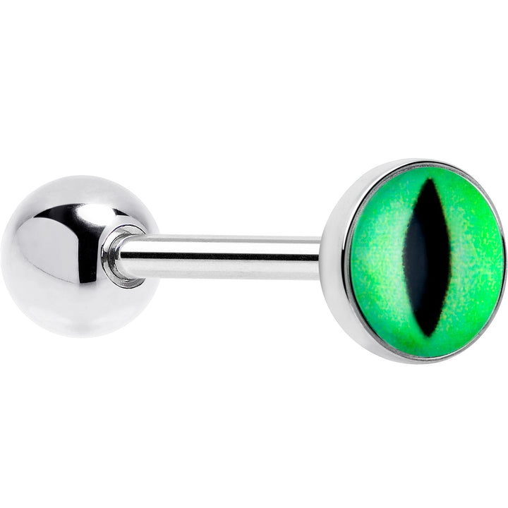 Sea Dragon Dreams UV-reactive tongue barbell featuring a vibrant green cat eye design that glows under blacklight.