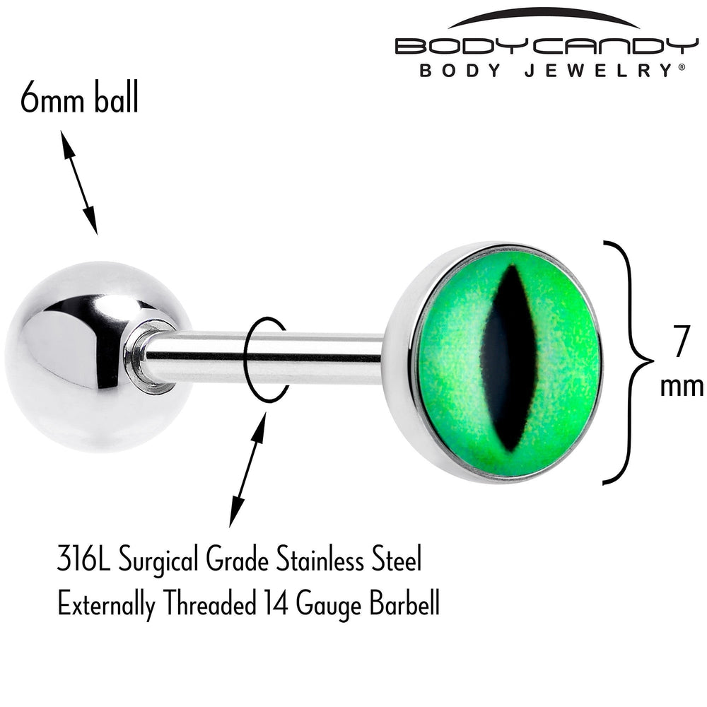 Sea Dragon Dreams UV reactive kitty tongue ring with green cat eye design on a 14 gauge surgical steel barbell.