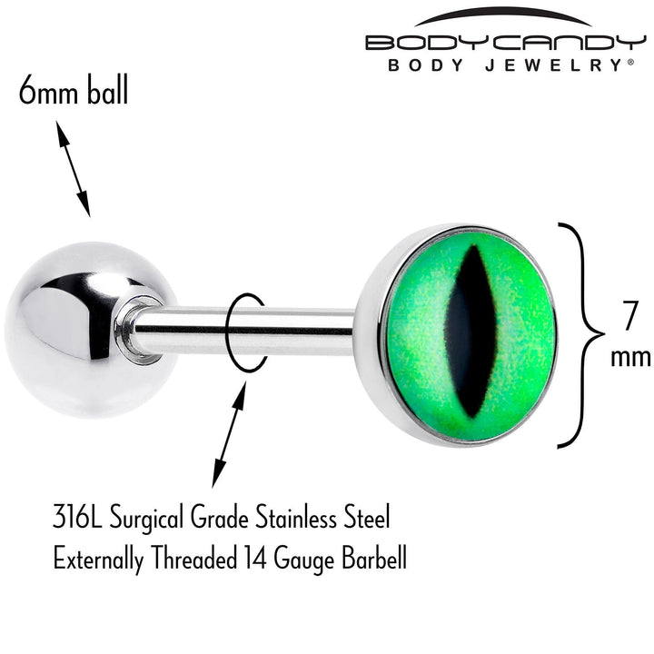 Sea Dragon Dreams UV reactive kitty tongue ring with green cat eye design on a 14 gauge surgical steel barbell.