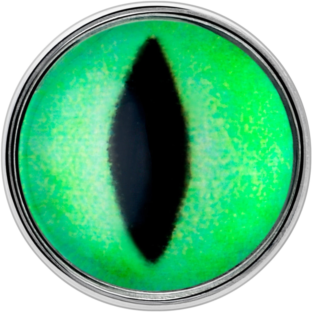 Sea Dragon Dreams UV-reactive tongue ring featuring a vibrant green cat eye design that glows under blacklight.