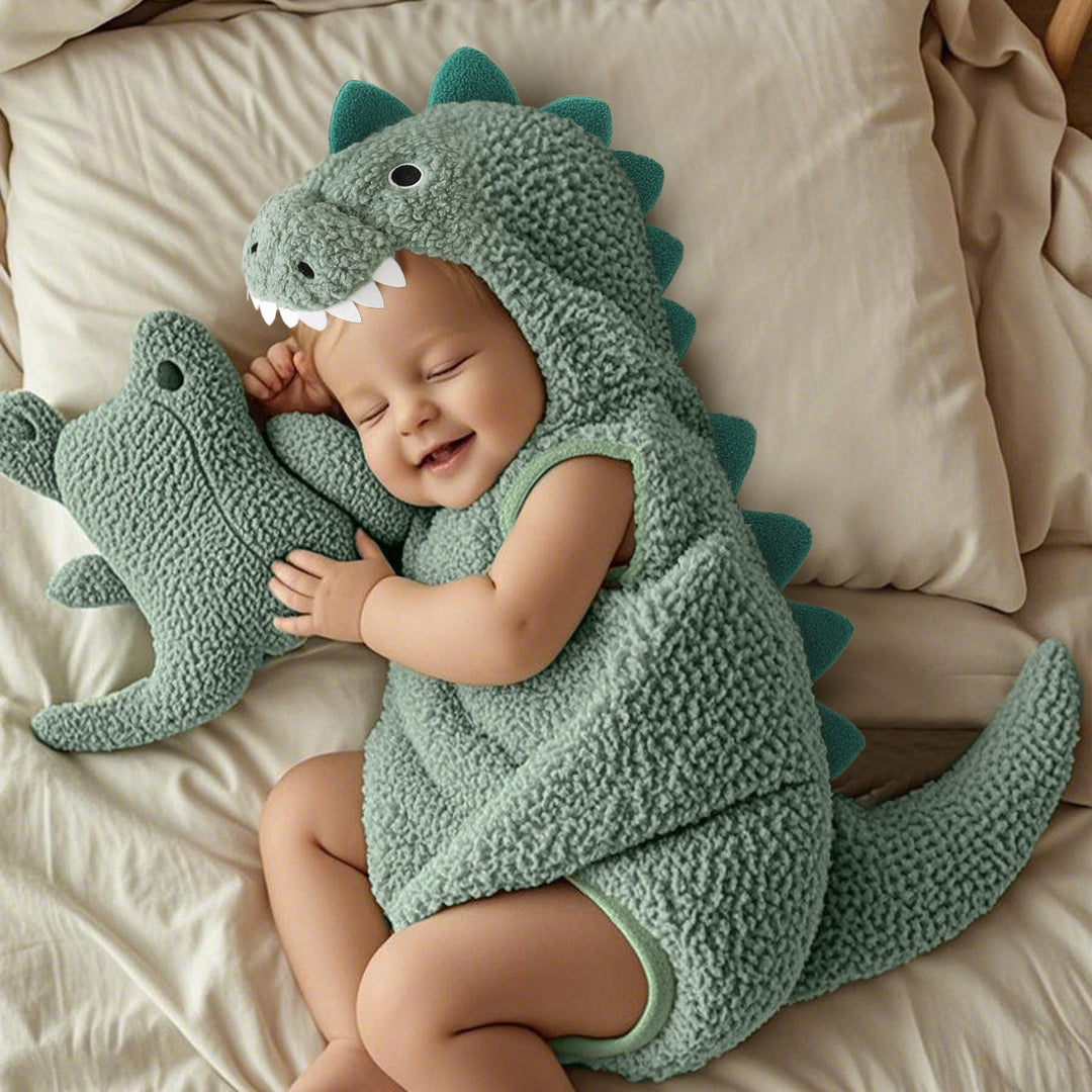 Sea Dragon Dreams baby wearing a cozy sage green fleece dinosaur romper with a hood and tail, sleeping on a bed.