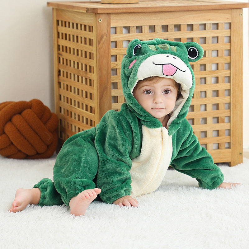 Sea Dragon Dreams baby wearing a soft green flannel frog onesie with an attached character hood and front zipper