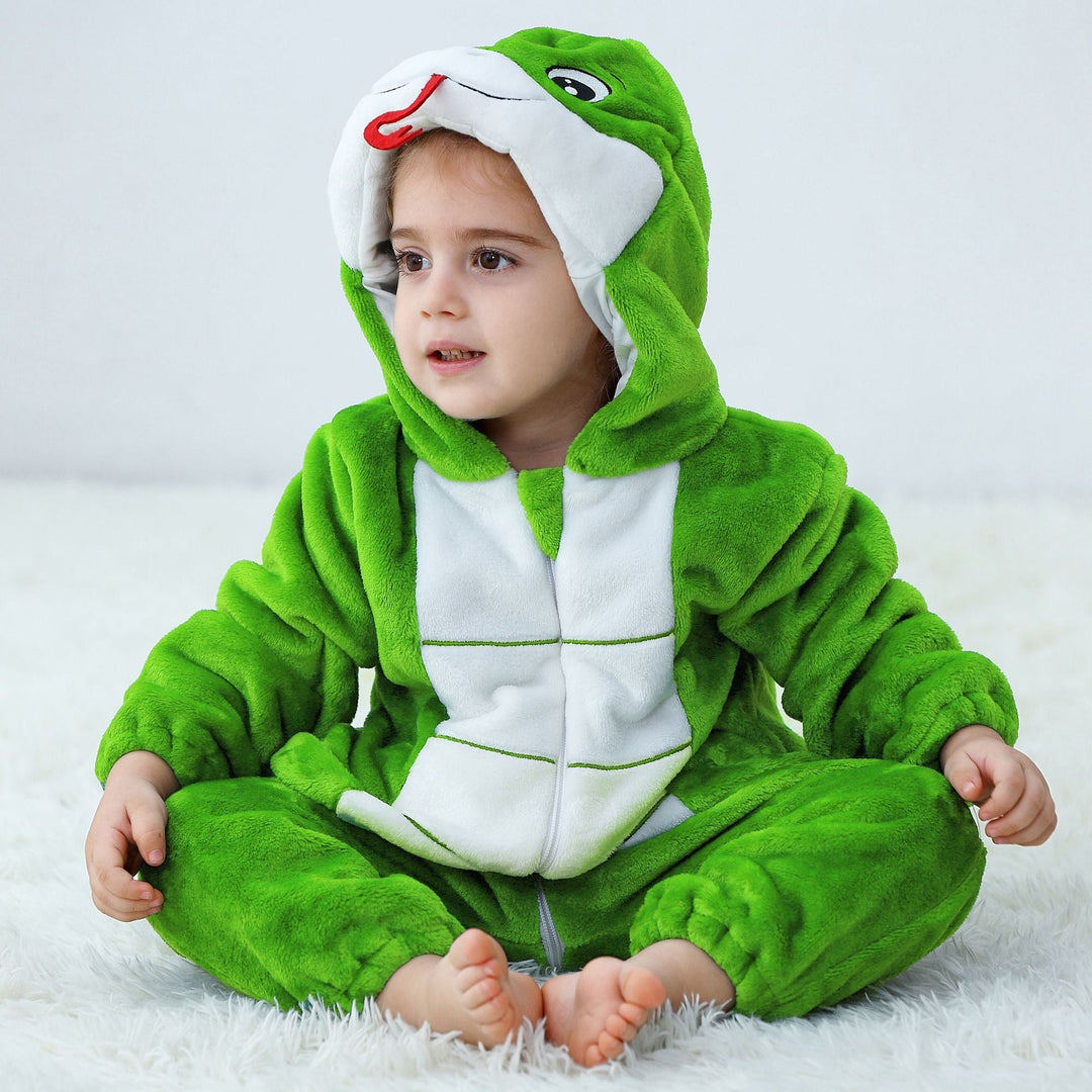 Sea Dragon Dreams toddler wearing a cozy green flannel frog onesie costume with an attached character hood