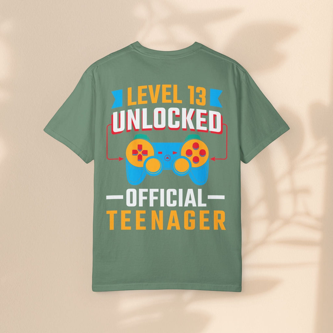 Sea Dragon Dreams green cotton t-shirt with Level 13 Unlocked Official Teenager gamer graphic on the back.
