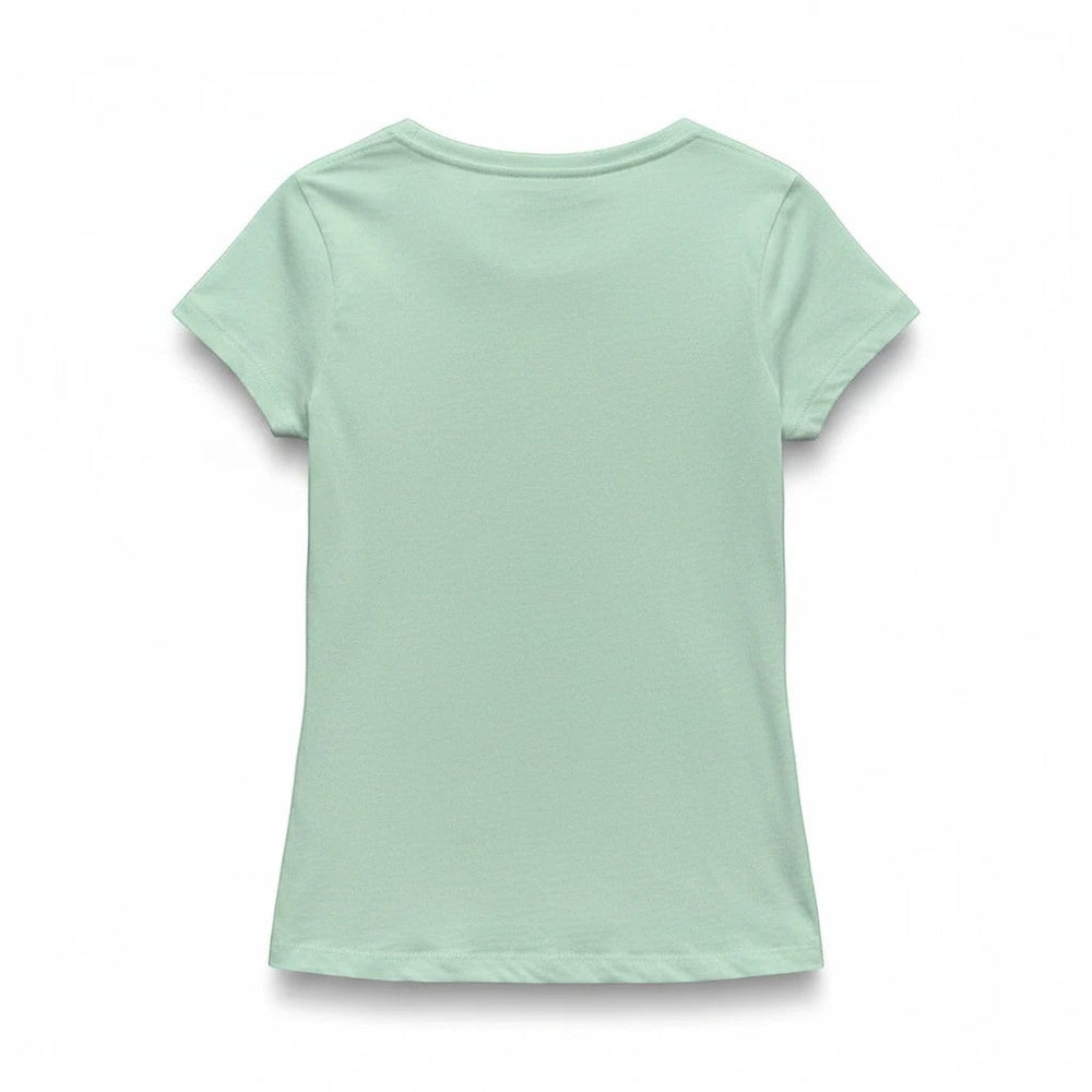 Sea Dragon Dreams light green girls t-shirt, back view, soft breathable fabric for 5th birthday mermaid theme.