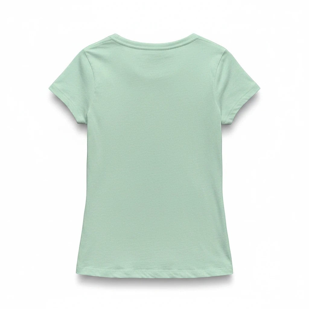 Sea Dragon Dreams light green girls t-shirt, back view, soft breathable fabric for 5th birthday mermaid theme.