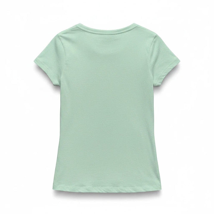Sea Dragon Dreams light green girls t-shirt, back view, soft breathable fabric for 5th birthday mermaid theme.