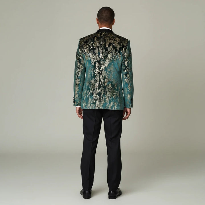Sea Dragon Dreams men's slim-fit green blazer with gold pattern, peak lapels, and single-button closure, back view.