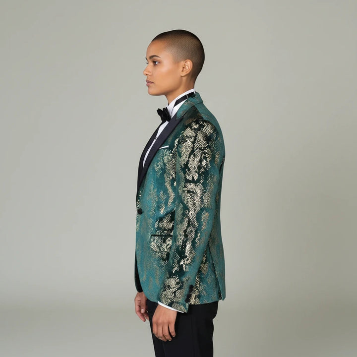 Sea Dragon Dreams men's slim-fit green blazer with gold pattern, peak lapels, and single-button closure, side view.