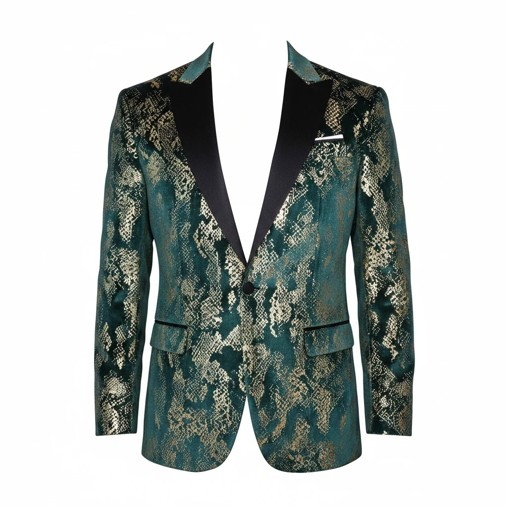 Sea Dragon Dreams slim-fit green blazer with gold pattern, black peak lapels, and single-button closure for formal wear.
