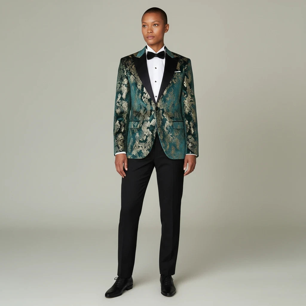 Sea Dragon Dreams slim-fit green blazer with gold pattern, peak lapels, and single-button closure on a model.