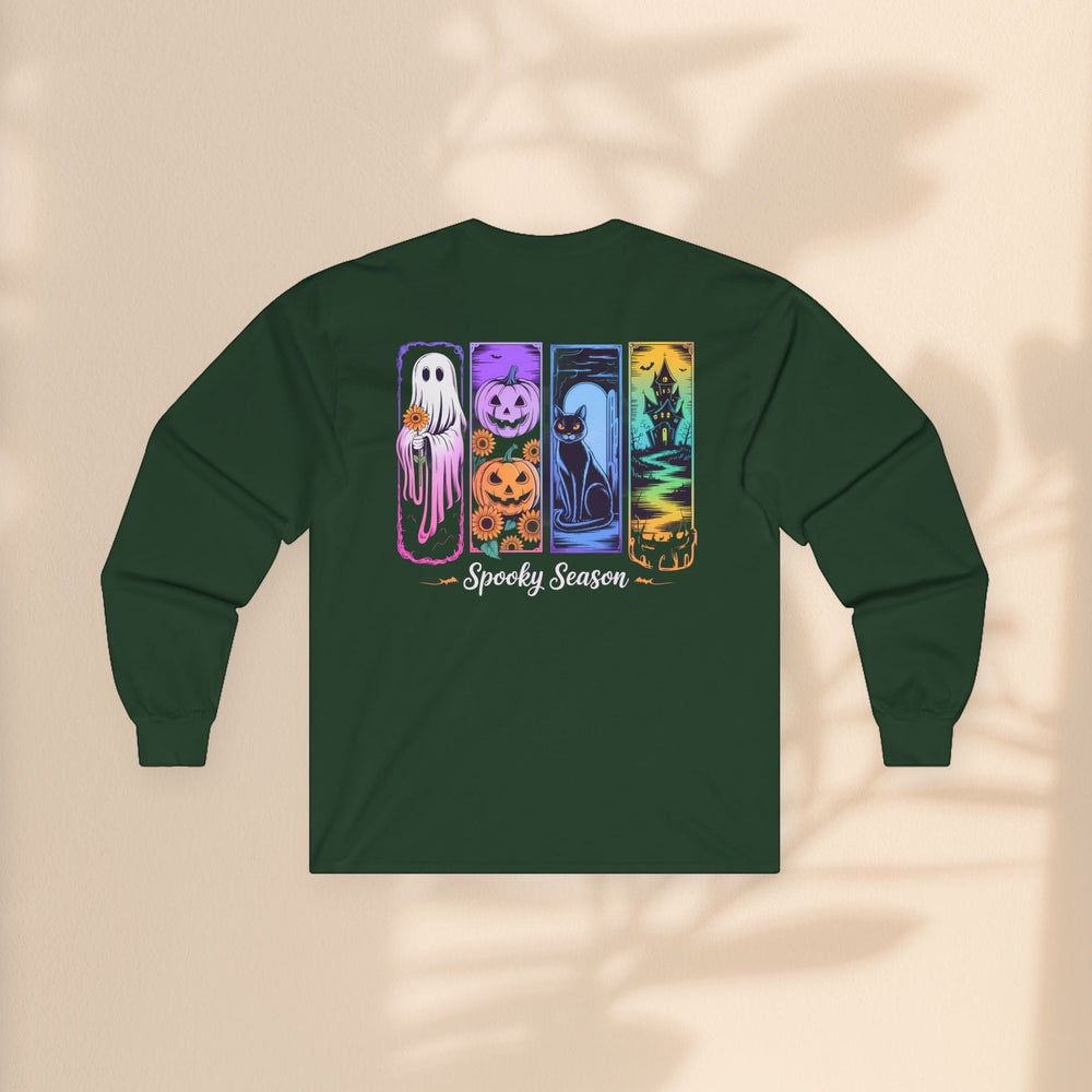 Sea Dragon Dreams dark green long sleeve tee with a colorful Halloween ghost, pumpkin, cat, and haunted house print.