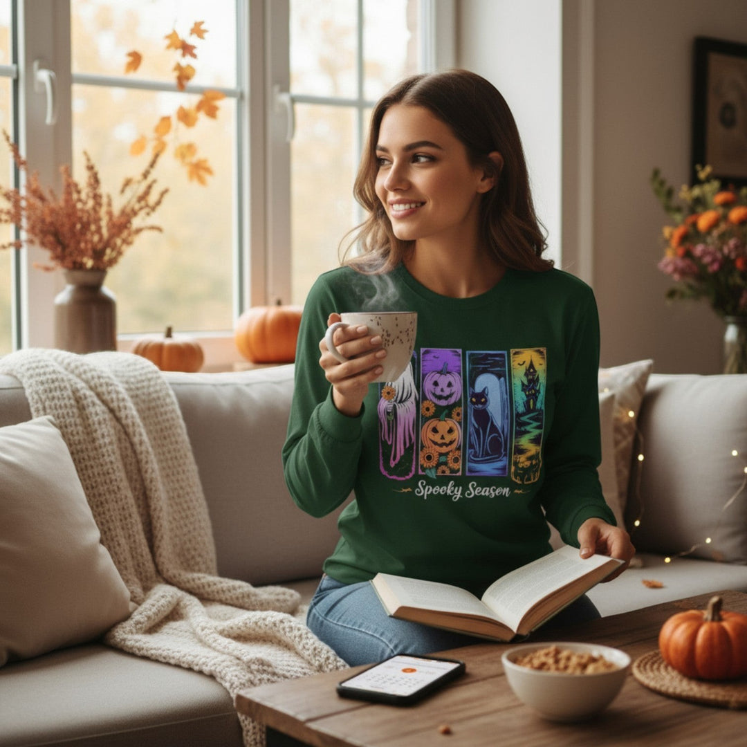 A woman wearing a Sea Dragon Dreams green long sleeve tee with a Halloween graphic, reading a book on a cozy sofa.