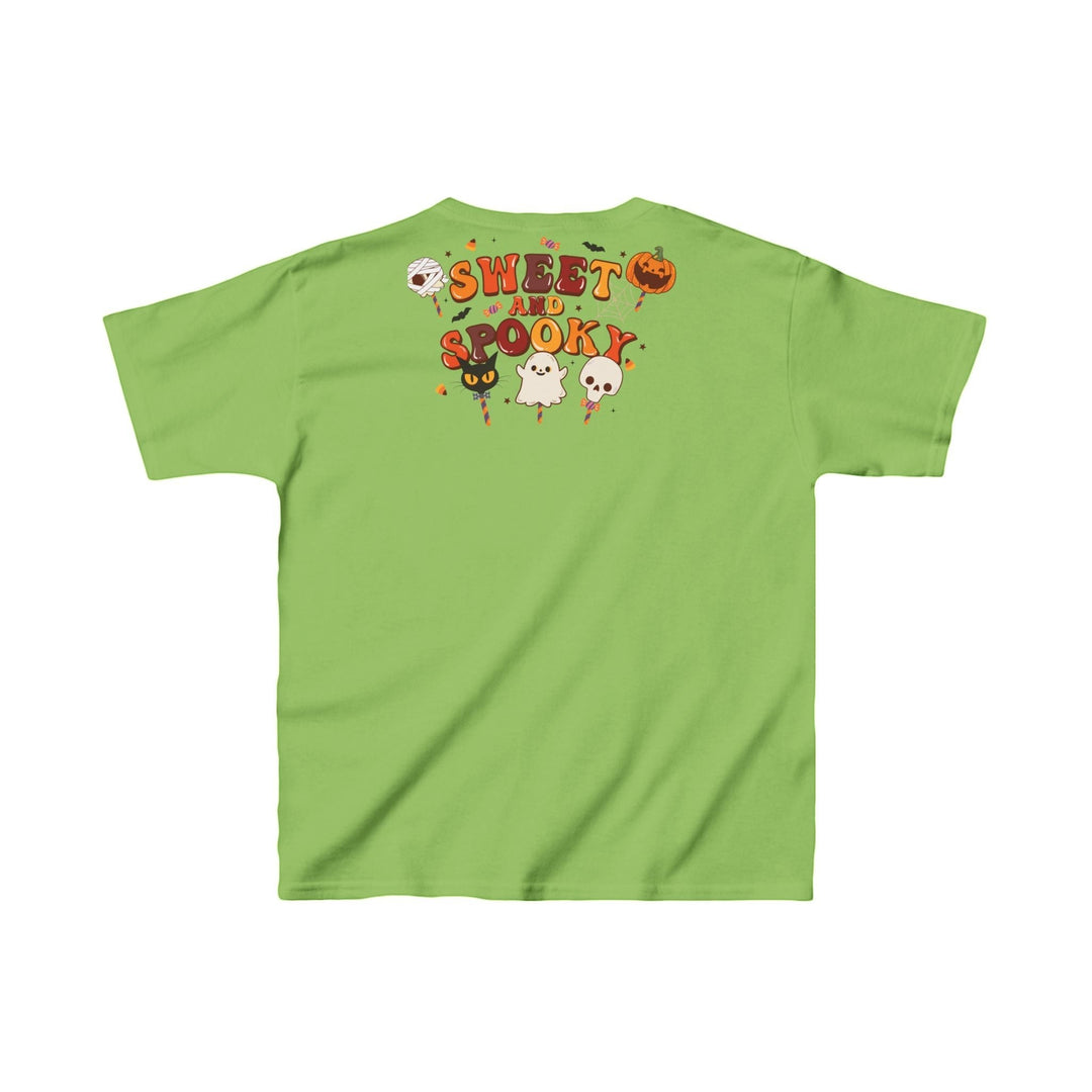 Sea Dragon Dreams kids green cotton t-shirt featuring a Sweet and Spooky Halloween graphic on the back