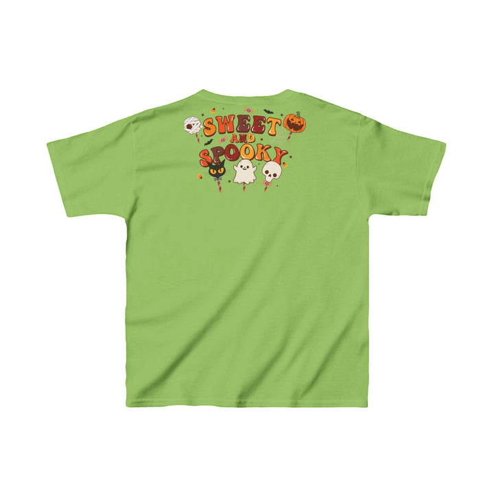 Sea Dragon Dreams kids green cotton t-shirt featuring a Sweet and Spooky Halloween graphic on the back