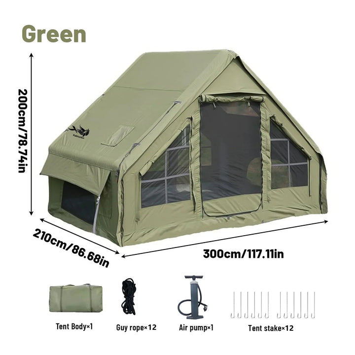 Sea Dragon Dreams green inflatable camping tent with mesh windows, shown with included pump, stakes, and guy ropes.