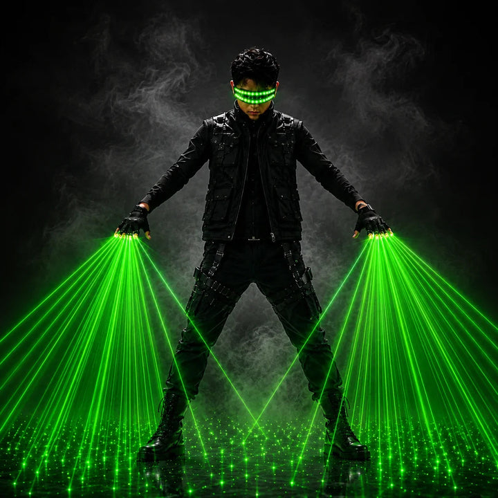 Sea Dragon Dreams performer wearing LED glasses and green laser gloves creating a futuristic light show in smoke