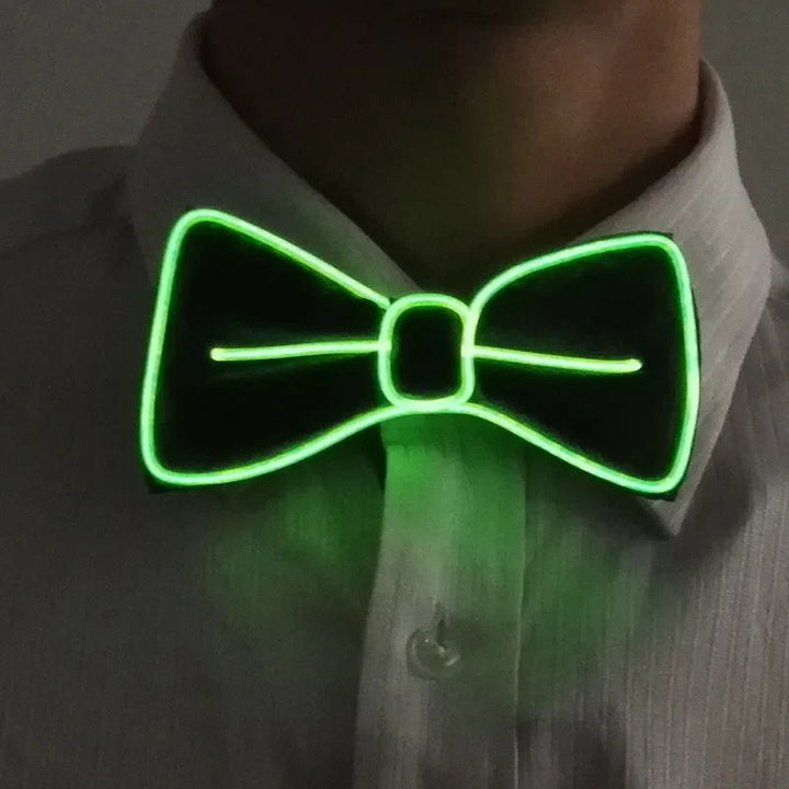 Sea Dragon Dreams glowing green LED bow tie worn on a white collared shirt for parties and rave events