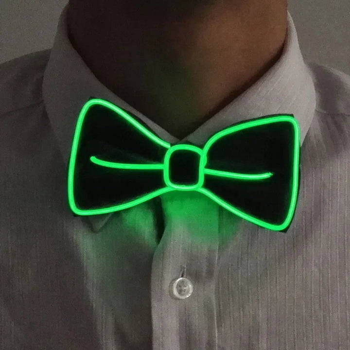 Sea Dragon Dreams green LED light-up bow tie worn on a white collared shirt for parties and raves