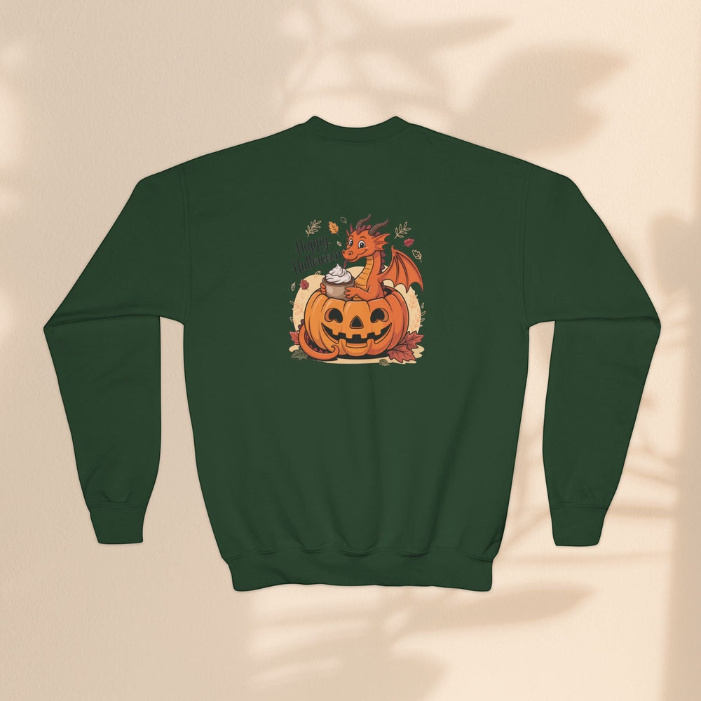 Sea Dragon Dreams dark green youth crewneck sweatshirt featuring a cute dragon sitting in a jack-o-lantern pumpkin.