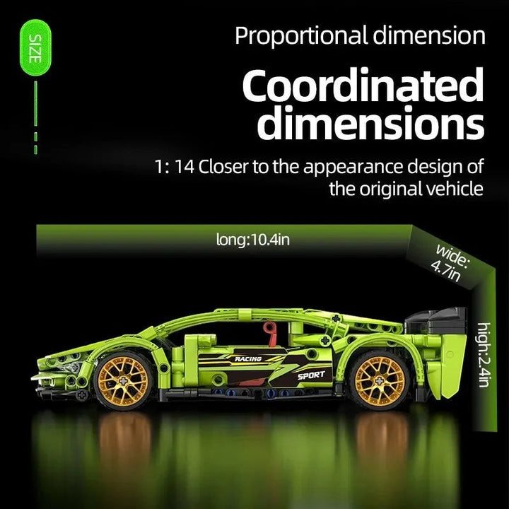 Sea Dragon Dreams 504-piece green racing car building block set with gold wheels and detailed sports car design