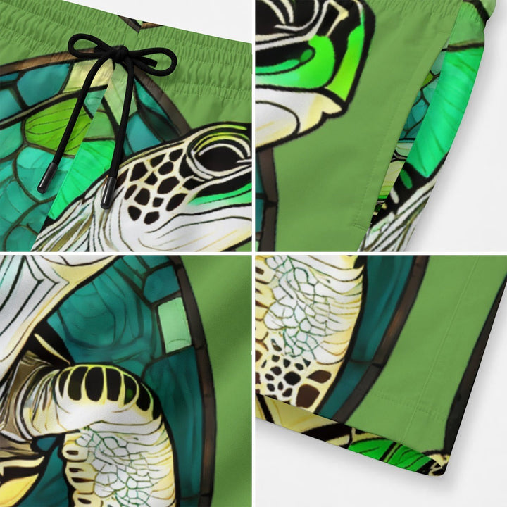 Sea Dragon Dreams men's green shorts featuring a detailed sea turtle print with an elastic waistband and drawstring.