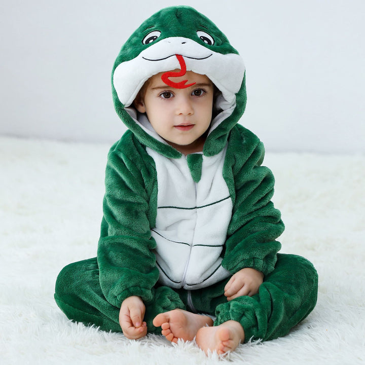 Sea Dragon Dreams toddler wearing a soft green snake flannel onesie costume with an attached character hood.