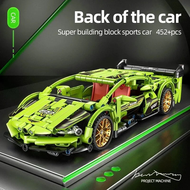 Sea Dragon Dreams 504-piece green sports car building block set featuring detailed racing design and gold wheels