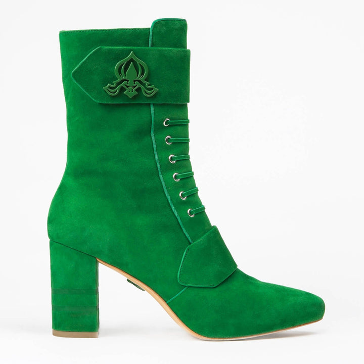 Sea Dragon Dreams Michaela V Marta green suede knee-high boots with lace-up front and decorative buckle detail