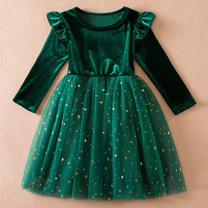 Sea Dragon Dreams green long-sleeve princess dress with velvet bodice and tulle skirt featuring gold star accents