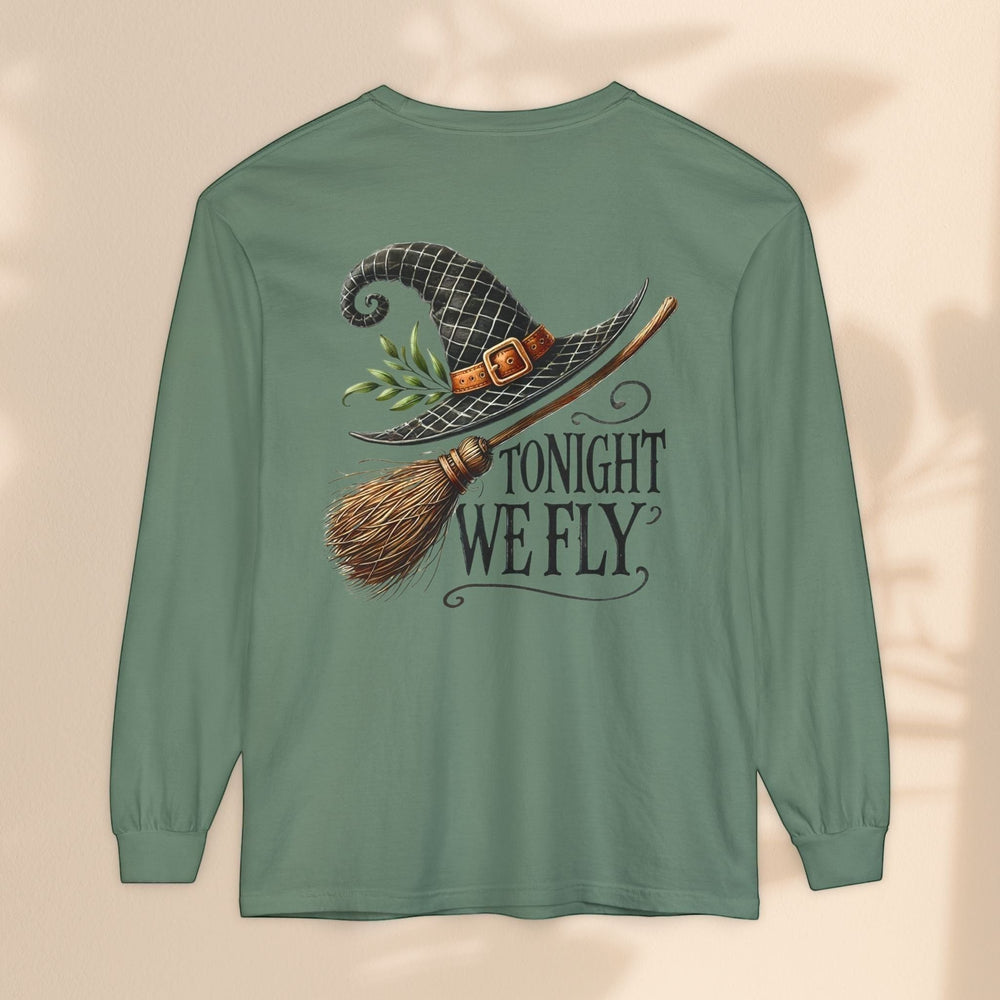 Sea Dragon Dreams green long sleeve t-shirt featuring a witch hat and broomstick graphic with Tonight We Fly text.