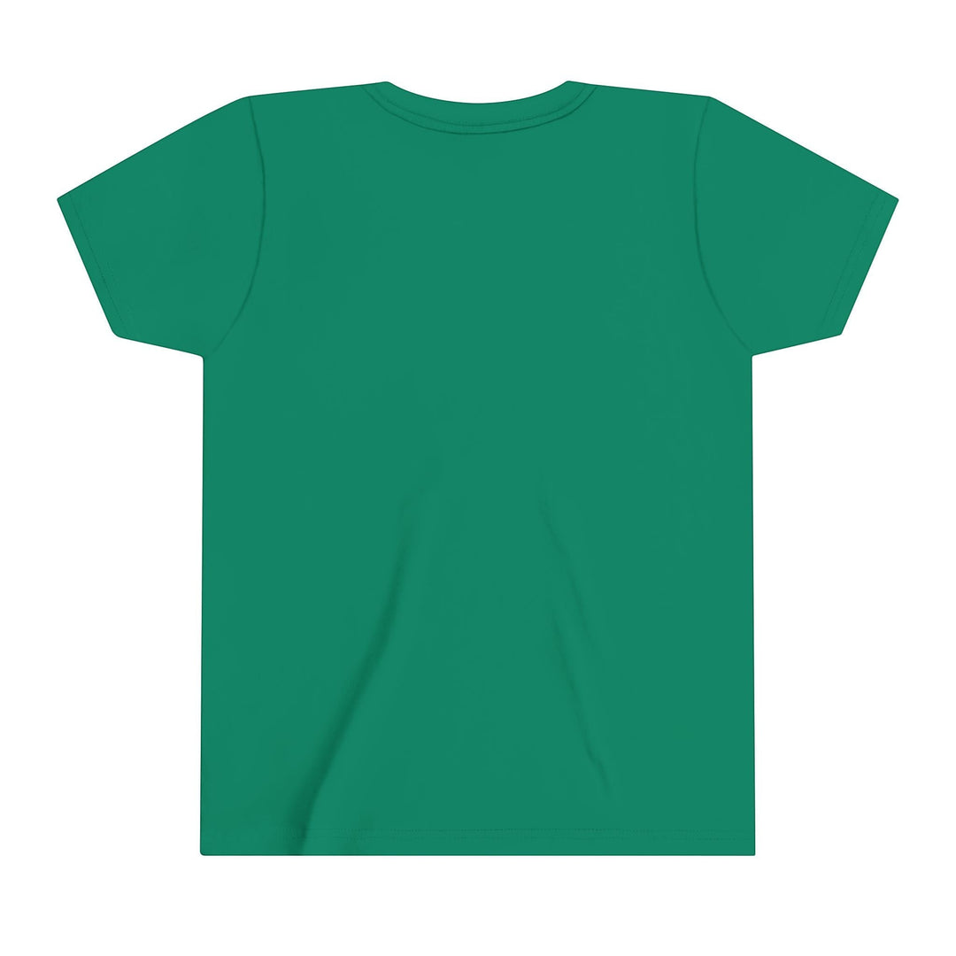 Sea Dragon Dreams youth short sleeve crew neck t-shirt in solid green, back view, made of soft ring-spun cotton.